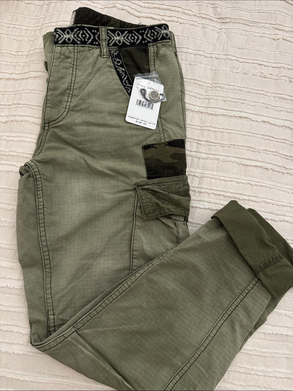 Free People Men's Olive Green Cargo Pants with Camo Accent